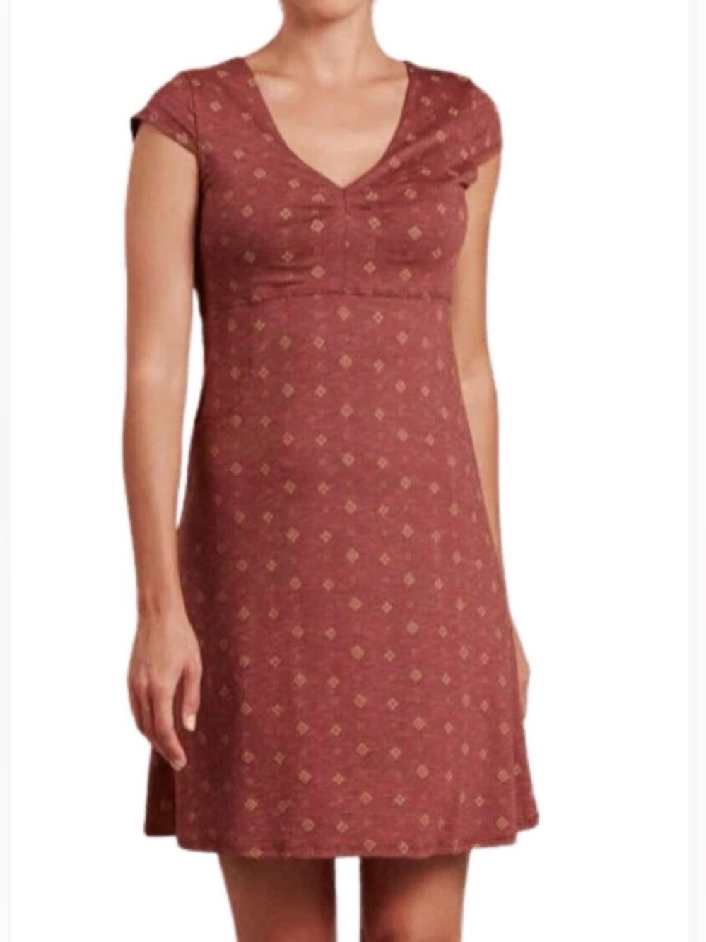 Toad&Co Rust Short-Sleeve V-Neck Dress with Subtle Print Cap Sleeves